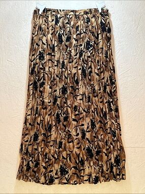 Sick Vintage!! 1980s California Krush Black Floral Pleated Midi Skirt in Beige